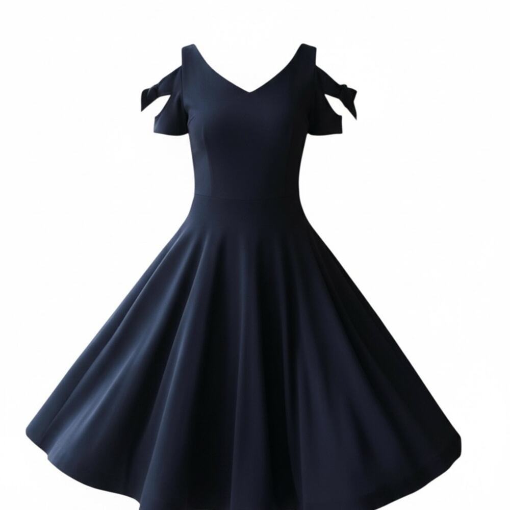 Unique Vintage Wm's Bow Shoulder Cut Outs Swing Dress Navy Sz XL